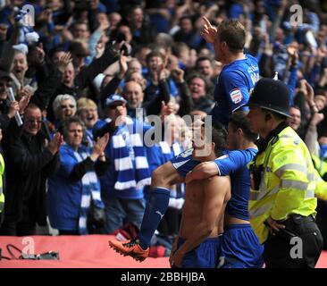 Leicester City's Anthony Knockaert (bottom left) celebrates with Ben Marshall (bottom right) and Chris Wood (top) after scoring the winning goal against Nottingham Forest Stock Photo