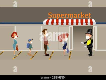 Social distancing concept with people waiting outside the store for shopping Stock Photo