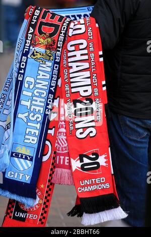 Manchester City and Manchester United scarves for sale on Olympic Way ...