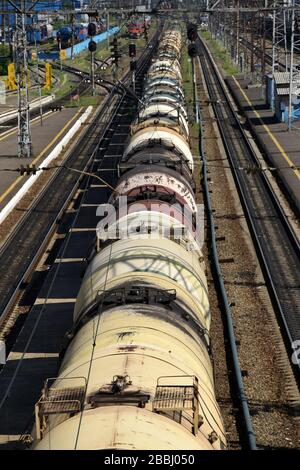 Oil tank train in the railway station of Taichet, siberian Russia. Stock Photo