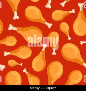 Fried crispy chicken legs seamless pattern on red background. Cartoon fast food drumsticks cooking texture flat vector eps illustration Stock Vector