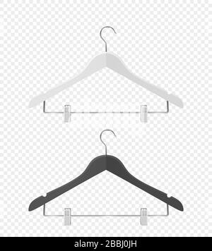 Vector 3d Realistic Clothes Coat Wooden Textured Black, White Hanger Set Closeup Isolated on Transparent Background. Design Template, Clipart or Stock Vector