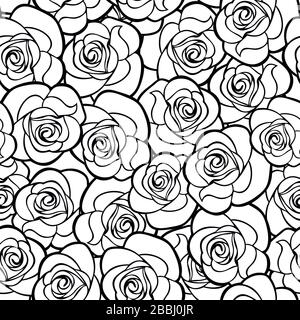 Vector seamless black and white pattern with roses contours. Stock Vector