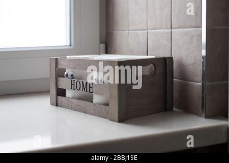 Two rolls of toilet paper with artificial eyes in a wooden box with the inscription Home on the grey blue bathroom near window Stock Photo