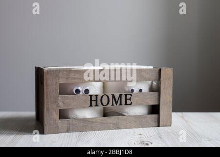 Two rolls of toilet paper with artificial eyes in a wooden box with the inscription Home on the grey blue background Stock Photo