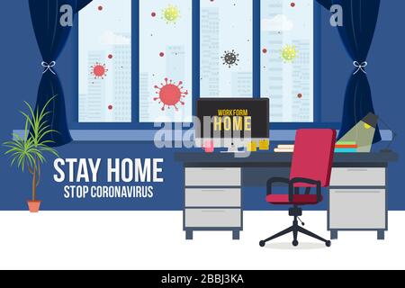 Work from home concept poster design. Self quarantine.Stop corona virus from spreading. Stock Vector