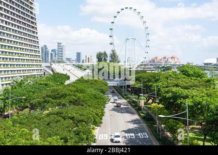 Singapore Flyer observation wheel and Sheares Avenue from Gardens by the Bay, Marina Bay, Civic District, Singapore Stock Photo