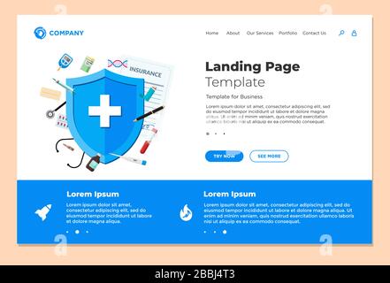 Medical insurance or health care concept landing page design template. Blue shield on patient protection policy with medicine pharmacy preparations. Vector healthcare website flat illustration Stock Vector