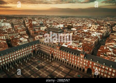 Madrid plaza Mayor aerial view with historical buildings in Spain. Stock Photo