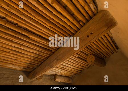 Ceiling details of vigas and latillas in a room within Pueblo Bonito in Chaco Culture National Historical Park, New Mexico, USA Stock Photo