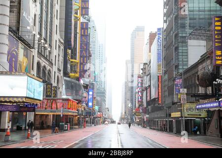 42nd Street in Times Square, very quiet during the coronavirus pandemic. Stock Photo