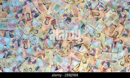 A girl raking Venezuelan money scattered across the floor. Stock Photo