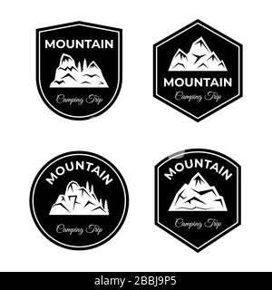 Set of mountain badges. Silhouettes of rock mountains, winter mountainous valleys logo design. Camping trip, traveling, climbing, hiking on mount hill vector illustration. Stock Vector