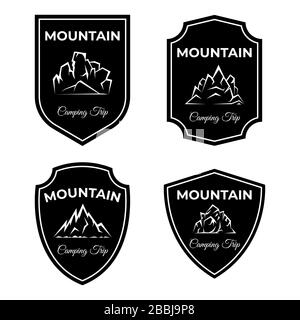Set of mountain logo designs. Silhouettes of rock mountains with text space. Camping trip, active lifestyle, traveling, climbing, hiking on mount hill vector badges templates. Stock Vector