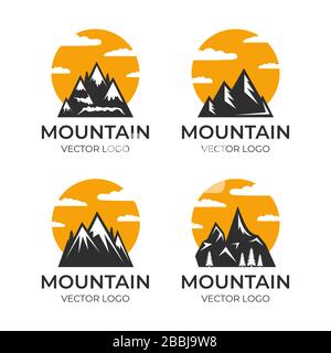 Mountain vector logo design. Silhouettes of rock mountains with cloudy sky. Outdoor activity, traveling in alps, living on nature outdoor, camping, hiking on mount hill badges templates. Stock Vector