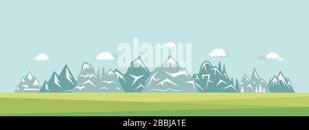 Mountain landscape vector flat illustration. Nature, clouds, grass and mountains suburban view. Active lifestyle, traveling, living on nature outdoor, camping, hiking on mount hill background. Stock Vector