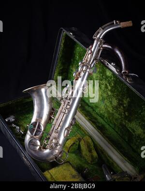 Vintage 1929 Silver Conn Refurbished Soprano Sax with Sterling Silver-Wash Bell side view Stock Photo