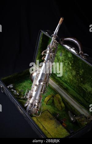 Vintage 1929 Silver Conn Refurbished Soprano Sax with Sterling Silver-Wash Bell back view Stock Photo