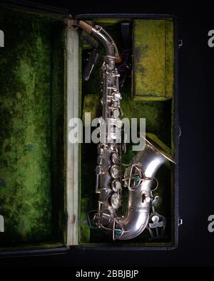 Vintage 1929 Silver Conn Refurbished Soprano Sax with Sterling Silver-Wash Bell top view Stock Photo
