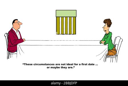 Color cartoon showing a man and a woman social distancing on a first date and asking if the conditions are or are not ideal. Stock Photo