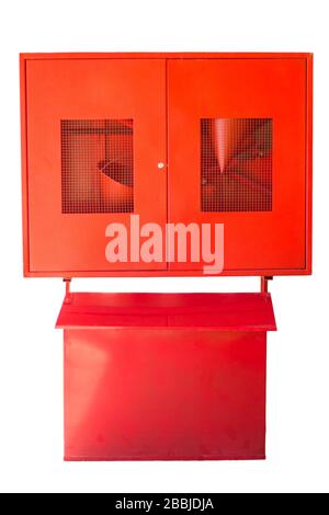 Red fire box for warning and security system. Isolated on white background. Stock Photo