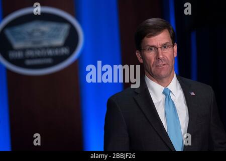Arlington, United States Of America. 31st Mar, 2020. Arlington, United States of America. 31 March, 2020. U.S. Secretary of Defense Mark Esper during a remote interview by Norah O'Donnell of CBS Evening News, about the DoD response to COVID-19, at the Pentagon March 31, 2020 in Arlington, Virginia. Credit: Lisa Ferdinando/DOD/Alamy Live News Stock Photo
