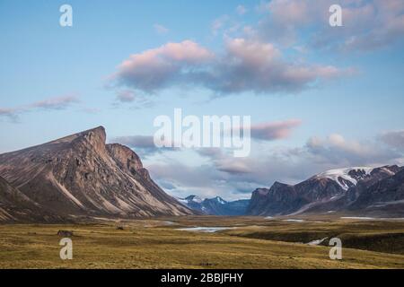 Alpine tundra and glacier capped mountain landscape, Baffin Island. Stock Photo