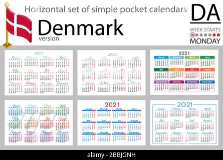 Denmark horizontal set of pocket calendars for 2020 (two thousand twenty one). Week starts Monday. New year. Color simple design. Vector Stock Vector