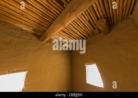 Ceiling details of vigas and latillas in a room within Pueblo Bonito in Chaco Culture National Historical Park, New Mexico, USA Stock Photo