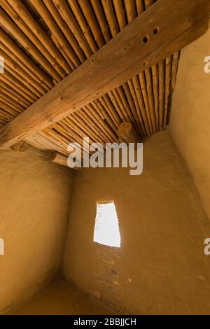 Ceiling details of vigas and latillas in a room within Pueblo Bonito in Chaco Culture National Historical Park, New Mexico, USA Stock Photo