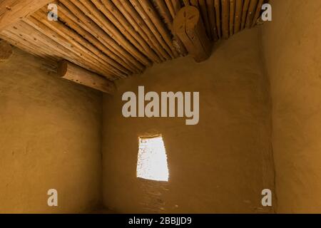 Ceiling details of vigas and latillas in a room within Pueblo Bonito in Chaco Culture National Historical Park, New Mexico, USA Stock Photo