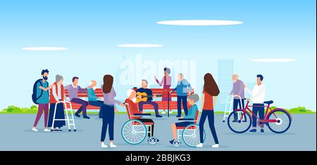 Vector of disabled elderly people, handicapped characters being assisted and entertained by young volunteers in the city park Stock Vector