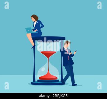 Vector of business people with laptop and mobile phone working online around the hourglass. Stock Vector