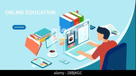 Vector of a male student studying at home using laptop computer. Stock Vector