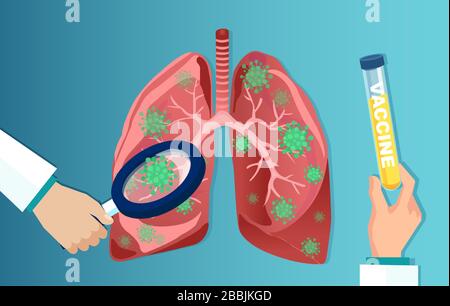 Vector of a doctor with magnifying glass analyzing coronavirus affected lungs and holding a tube with vaccine Stock Vector