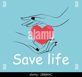 Vector of hands and red heart as a symbol of blood and organ donation and patient care Stock Vector