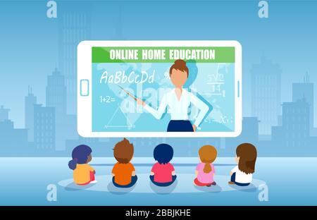 Vector of a group of kids watching online teacher class on tablet computer. Internet education at home program concept Stock Vector