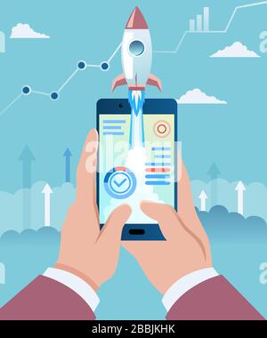 Vector of a man launching a smartphone mobile application Stock Vector