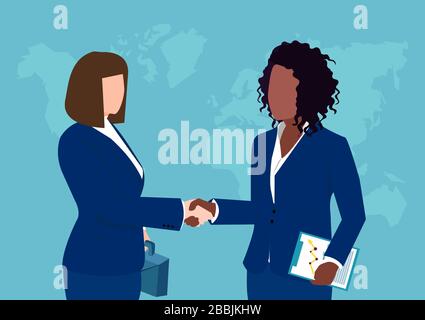 Vector of two businesswomen shaking hands isolated on world map background. Stock Vector