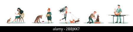 Vector of people pet owners and veterinarian walking, feeding, vaccinating and taking care of animals dogs and cats Stock Vector