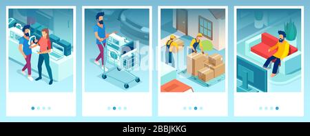 Vector of a man shoppping at consumer electronic products and home appliances being assisted by a salesperson and offered free home delivery Stock Vector