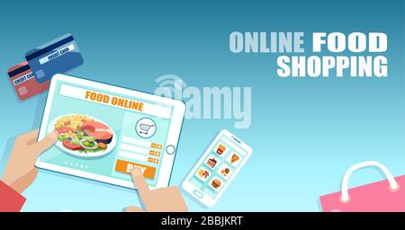 Vector of a customer using mobile app ordering food online for home delivery Stock Vector