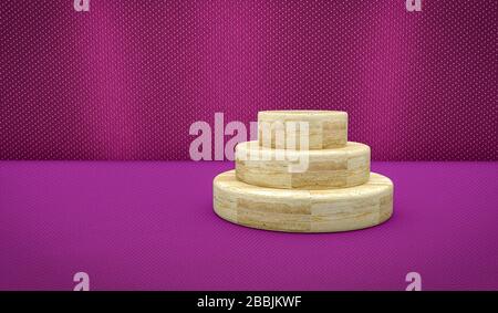 3D Illustration of 3 circular stones form a pedestal on purple velvet cloth background. For presenting objects with a luxury background. Stock Photo