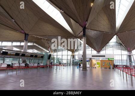 St. Petersburg, Russia – March 27, 2020. Empty check-in counters at Pulkovo airport terminal due to coronavirus pandemic/Covid-19 outbreak travel rest Stock Photo