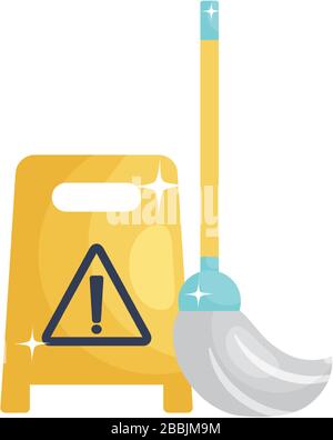 mop and warning floor sign icon over white background, line fill style ...