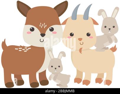 camping cute little bunnies goat and deer cartoon isolated icon design vector illustration Stock Vector