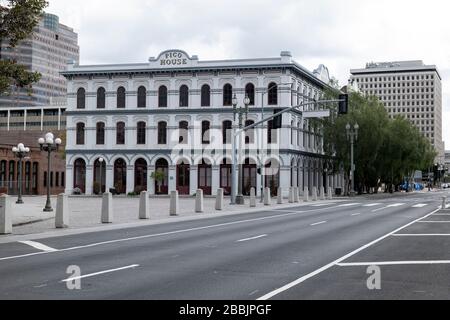 LOS ANGELES, CA/USA - MARCH 19, 2020: The historic Pico House on the corner of the famous Olvera Street and Main Street, a popular tourist destination Stock Photo