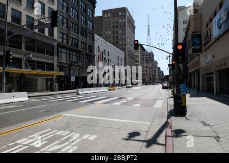 coronavirus; COVID-19; virus; illness; quarantine; safer at home; shelter at home; lockdown; mandated; los angeles; california; downtown; freeway; har Stock Photo