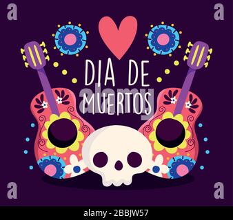 day of the dead, skull and guitars music heart flower decoration traditional celebration mexican vector illustration Stock Vector