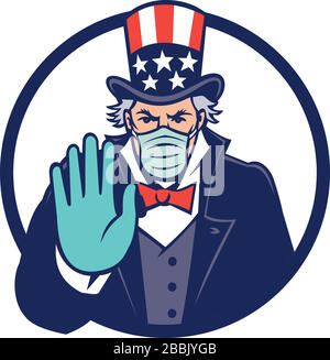 Mascot icon illustration of American Uncle Sam, national personification of US government, wearing a surgical mask, saying stop spread of virus by  ha Stock Vector